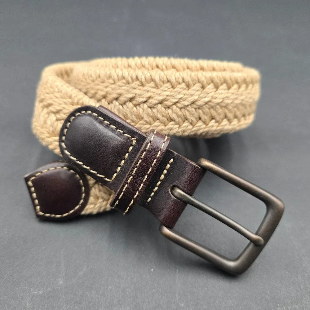 Orvis Mens Braided Elastic Belt Tan Khaki Brown Leather Trim Size 46 Made in USA
